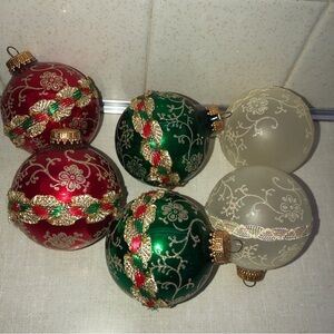 Vintage Christmas by Krebs 6 Round Glass Red Green White‎ Ornaments w Ribbon